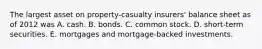 The largest asset on property-casualty insurers' balance sheet as of 2012 was A. cash. B. bonds. C. common stock. D. short-term securities. E. mortgages and mortgage-backed investments.