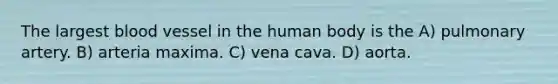 The largest blood vessel in the human body is the A) pulmonary artery. B) arteria maxima. C) vena cava. D) aorta.