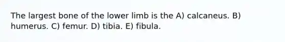 The largest bone of the lower limb is the A) calcaneus. B) humerus. C) femur. D) tibia. E) fibula.