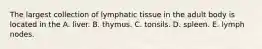 The largest collection of lymphatic tissue in the adult body is located in the A. liver. B. thymus. C. tonsils. D. spleen. E. lymph nodes.