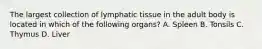 The largest collection of lymphatic tissue in the adult body is located in which of the following organs? A. Spleen B. Tonsils C. Thymus D. Liver