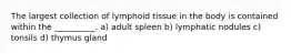 The largest collection of lymphoid tissue in the body is contained within the __________. a) adult spleen b) lymphatic nodules c) tonsils d) thymus gland