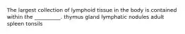 The largest collection of lymphoid tissue in the body is contained within the __________. thymus gland lymphatic nodules adult spleen tonsils