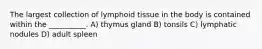 The largest collection of lymphoid tissue in the body is contained within the __________. A) thymus gland B) tonsils C) lymphatic nodules D) adult spleen