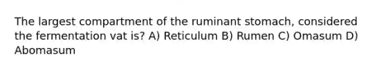 The largest compartment of the ruminant stomach, considered the fermentation vat is? A) Reticulum B) Rumen C) Omasum D) Abomasum