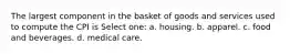 The largest component in the basket of goods and services used to compute the CPI is Select one: a. housing. b. apparel. c. food and beverages. d. medical care.