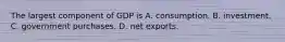 The largest component of GDP is A. consumption. B. investment. C. government purchases. D. net exports.