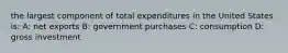 the largest component of total expenditures in the United States is: A: net exports B: government purchases C: consumption D: gross investment