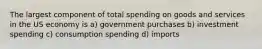 The largest component of total spending on goods and services in the US economy is a) government purchases b) investment spending c) consumption spending d) imports