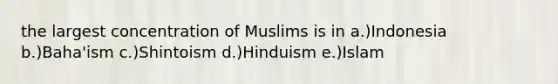 the largest concentration of Muslims is in a.)Indonesia b.)Baha'ism c.)Shintoism d.)Hinduism e.)Islam