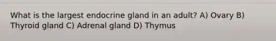 What is the largest endocrine gland in an adult? A) Ovary B) Thyroid gland C) Adrenal gland D) Thymus