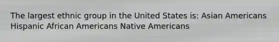 The largest ethnic group in the United States is:​ <a href='https://www.questionai.com/knowledge/kwuWh8Kr2I-asian-americans' class='anchor-knowledge'>asian americans</a> Hispanic <a href='https://www.questionai.com/knowledge/kktT1tbvGH-african-americans' class='anchor-knowledge'>african americans</a> <a href='https://www.questionai.com/knowledge/k3QII3MXja-native-americans' class='anchor-knowledge'>native americans</a>