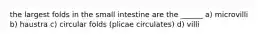 the largest folds in the small intestine are the ______ a) microvilli b) haustra c) circular folds (plicae circulates) d) villi