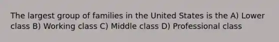 The largest group of families in the United States is the A) Lower class B) Working class C) Middle class D) Professional class