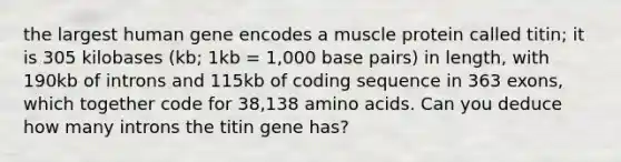 the largest human gene encodes a muscle protein called titin; it is 305 kilobases (kb; 1kb = 1,000 base pairs) in length, with 190kb of introns and 115kb of coding sequence in 363 exons, which together code for 38,138 amino acids. Can you deduce how many introns the titin gene has?