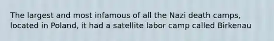 The largest and most infamous of all the Nazi death camps, located in Poland, it had a satellite labor camp called Birkenau