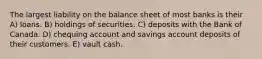 The largest liability on the balance sheet of most banks is their A) loans. B) holdings of securities. C) deposits with the Bank of Canada. D) chequing account and savings account deposits of their customers. E) vault cash.