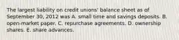 The largest liability on credit unions' balance sheet as of September 30, 2012 was A. small time and savings deposits. B. open-market paper. C. repurchase agreements. D. ownership shares. E. share advances.