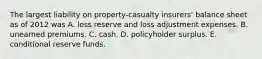 The largest liability on property-casualty insurers' balance sheet as of 2012 was A. loss reserve and loss adjustment expenses. B. unearned premiums. C. cash. D. policyholder surplus. E. conditional reserve funds.