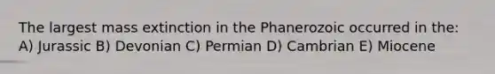 The largest mass extinction in the Phanerozoic occurred in the: A) Jurassic B) Devonian C) Permian D) Cambrian E) Miocene