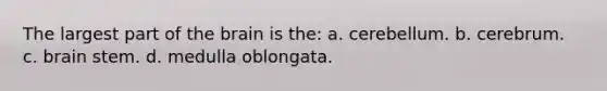The largest part of the brain is the: a. cerebellum. b. cerebrum. c. brain stem. d. medulla oblongata.