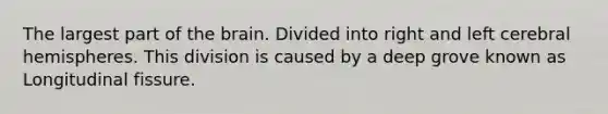 The largest part of <a href='https://www.questionai.com/knowledge/kLMtJeqKp6-the-brain' class='anchor-knowledge'>the brain</a>. Divided into right and left cerebral hemispheres. This division is caused by a deep grove known as Longitudinal fissure.