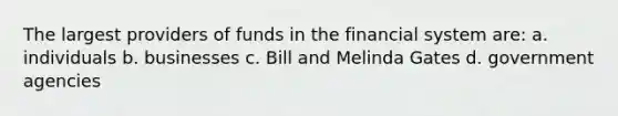 The largest providers of funds in the financial system are: a. individuals b. businesses c. Bill and Melinda Gates d. government agencies