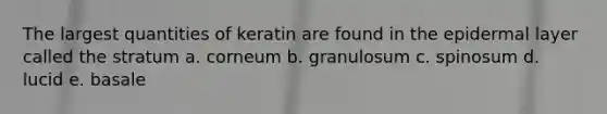 The largest quantities of keratin are found in the epidermal layer called the stratum a. corneum b. granulosum c. spinosum d. lucid e. basale
