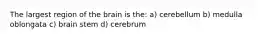 The largest region of the brain is the: a) cerebellum b) medulla oblongata c) brain stem d) cerebrum