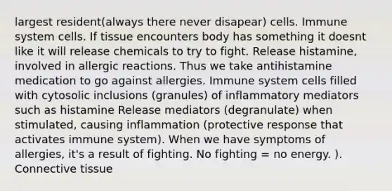 largest resident(always there never disapear) cells. Immune system cells. If tissue encounters body has something it doesnt like it will release chemicals to try to fight. Release histamine, involved in allergic reactions. Thus we take antihistamine medication to go against allergies. Immune system cells filled with cytosolic inclusions (granules) of inflammatory mediators such as histamine Release mediators (degranulate) when stimulated, causing inflammation (protective response that activates immune system). When we have symptoms of allergies, it's a result of fighting. No fighting = no energy. ). Connective tissue