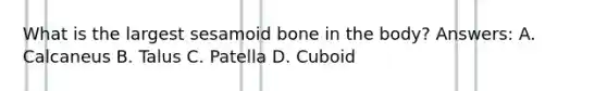 What is the largest sesamoid bone in the body? Answers: A. Calcaneus B. Talus C. Patella D. Cuboid