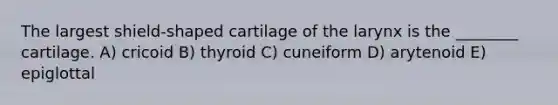 The largest shield-shaped cartilage of the larynx is the ________ cartilage. A) cricoid B) thyroid C) cuneiform D) arytenoid E) epiglottal