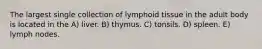 The largest single collection of lymphoid tissue in the adult body is located in the A) liver. B) thymus. C) tonsils. D) spleen. E) lymph nodes.