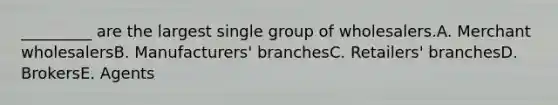 _________ are the largest single group of wholesalers.A. Merchant wholesalersB. Manufacturers' branchesC. Retailers' branchesD. BrokersE. Agents