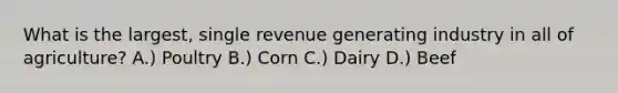 What is the largest, single revenue generating industry in all of agriculture? A.) Poultry B.) Corn C.) Dairy D.) Beef