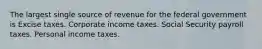 The largest single source of revenue for the federal government is Excise taxes. Corporate income taxes. Social Security payroll taxes. Personal income taxes.