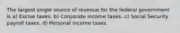 The largest single source of revenue for the federal government is a) Excise taxes. b) Corporate income taxes. c) Social Security payroll taxes. d) Personal income taxes.