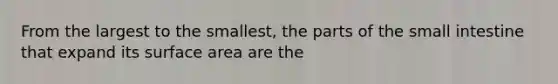 From the largest to the smallest, the parts of the small intestine that expand its surface area are the