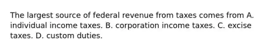 The largest source of federal revenue from taxes comes from A. individual income taxes. B. corporation income taxes. C. excise taxes. D. custom duties.