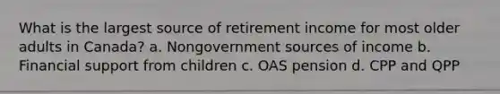 What is the largest source of retirement income for most older adults in Canada? a. Nongovernment sources of income b. Financial support from children c. OAS pension d. CPP and QPP