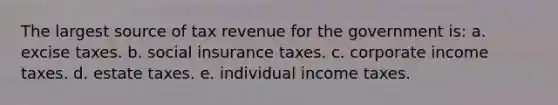 The largest source of tax revenue for the government is: a. excise taxes. b. social insurance taxes. c. corporate income taxes. d. estate taxes. e. individual income taxes.