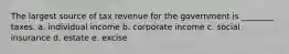 The largest source of tax revenue for the government is ________ taxes. a. individual income b. corporate income c. social insurance d. estate e. excise