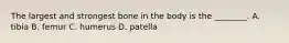 The largest and strongest bone in the body is the ________. A. tibia B. femur C. humerus D. patella