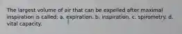 The largest volume of air that can be expelled after maximal inspiration is called: a. expiration. b. inspiration. c. spirometry. d. vital capacity.