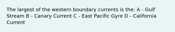 The largest of the western boundary currents is the: A - Gulf Stream B - Canary Current C - East Pacific Gyre D - California Current