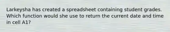 Larkeysha has created a spreadsheet containing student grades. Which function would she use to return the current date and time in cell A1?