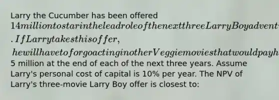 Larry the Cucumber has been offered 14 million to star in the lead role of the next three Larry Boy adventure movies. If Larry takes this offer, he will have to forgo acting in other Veggie movies that would pay him5 million at the end of each of the next three years. Assume Larry's personal cost of capital is 10% per year. The NPV of Larry's three-movie Larry Boy offer is closest to: