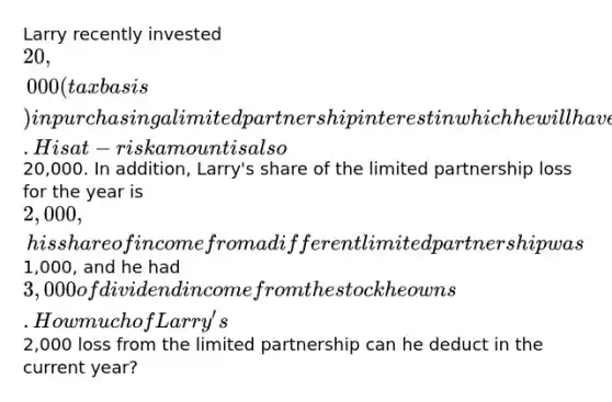 Larry recently invested 20,000 (tax basis) in purchasing a limited partnership interest in which he will have no management rights in the company. His at-risk amount is also20,000. In addition, Larry's share of the limited partnership loss for the year is 2,000, his share of income from a different limited partnership was1,000, and he had 3,000 of dividend income from the stock he owns. How much of Larry's2,000 loss from the limited partnership can he deduct in the current year?