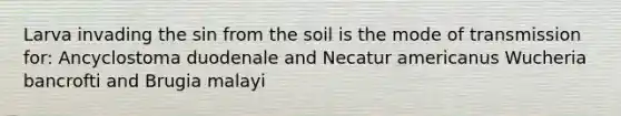 Larva invading the sin from the soil is the mode of transmission for: Ancyclostoma duodenale and Necatur americanus Wucheria bancrofti and Brugia malayi