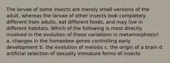 The larvae of some insects are merely small versions of the adult, whereas the larvae of other insects look completely different from adults, eat different foods, and may live in different habitats. Which of the following is most directly involved in the evolution of these variations in metamorphosis? a. changes in the homeobox genes controlling early development b. the evolution of meiosis c. the origin of a brain d. artificial selection of sexually immature forms of insects